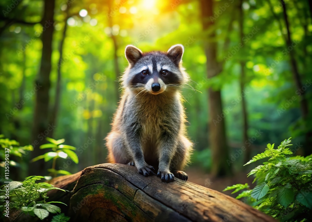 Playful Little Raccoon on a Log in a Beautiful Forest Setting Captured Using the Rule of Thirds for a Stunning Nature Portrait Playful Little Raccoon on a Log in a Beautiful Forest Setting Captured Using the Rule of Thirds for a Stunning Nature Portrait