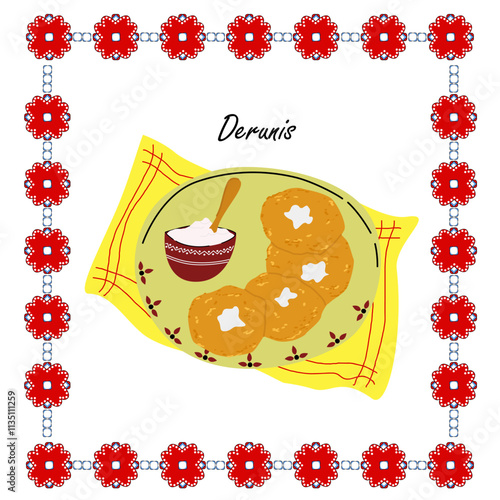 Ukrainian deruns. Delicious and aromatic homemade darunas with sour cream served in a plate. Ukrainian national cuisine