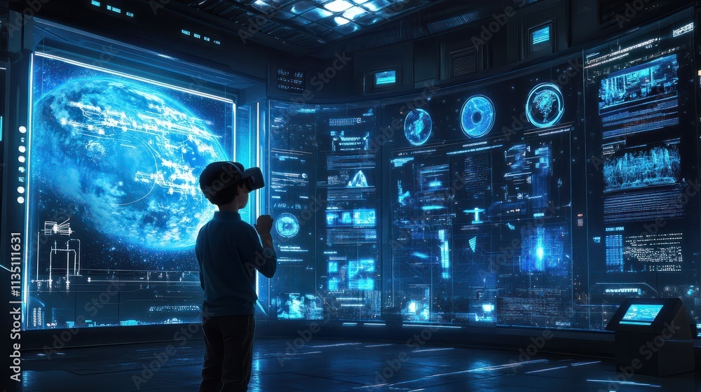 A boy wearing virtual reality goggles in a tech museum, experiencing an immersive journey through space, surrounded by futuristic displays. 4k resolution, Cinematic Scene A boy wearing virtual reality goggles in a tech museum, experiencing an immersive journey through space, surrounded by futuristic displays. 4k resolution, Cinematic Scene