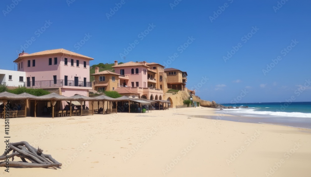 Coastal Mediterranean Houses and Beachfront Straw Umbrellas on Sandy Shore Coastal Mediterranean Houses and Beachfront Straw Umbrellas on Sandy Shore