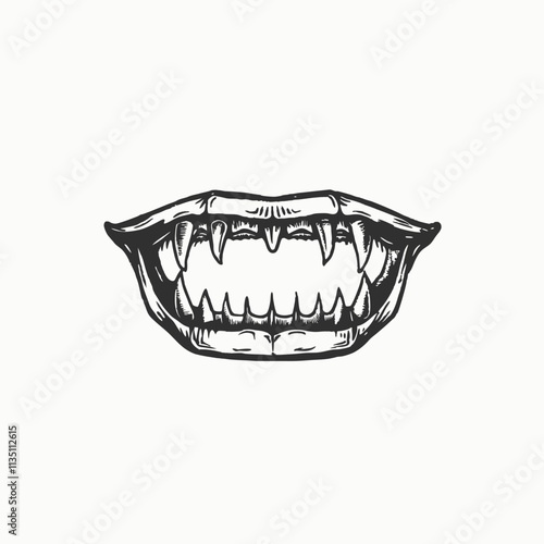 Vampire mouth with fangs. Open female red lips with vampire teeth isolated on white background