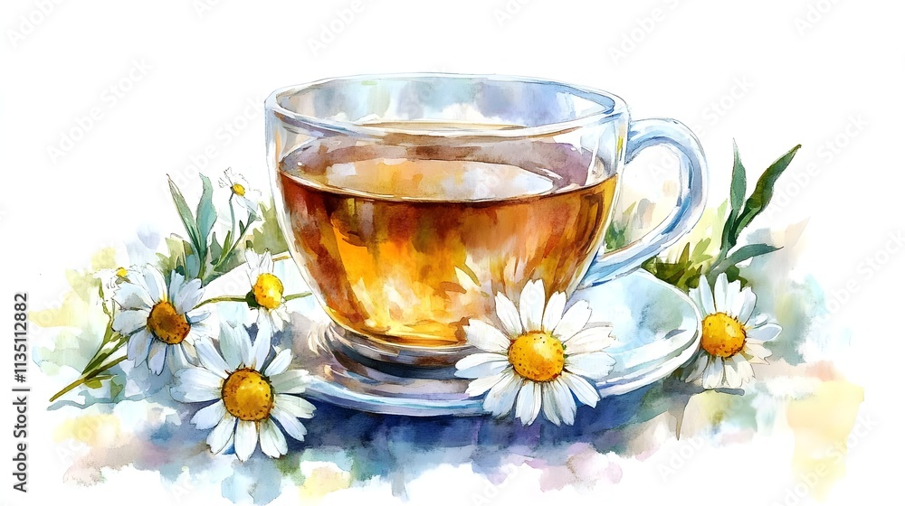 Invigorating Cup of Herbal Tea Surrounded by Fresh Chamomile Flowers in a Beautiful Watercolor Illustration for Relaxation and Wellness Themes Invigorating Cup of Herbal Tea Surrounded by Fresh Chamomile Flowers in a Beautiful Watercolor Illustration for Relaxation and Wellness Themes