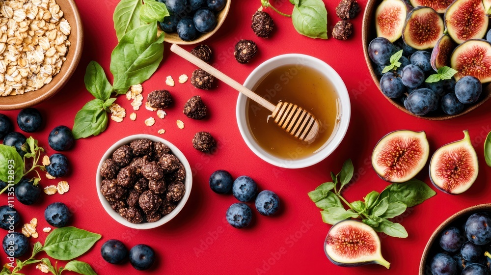 Healthy breakfast ingredients, including oatmeal, blueberries, figs, honey, and chocolate cereal, laid out on a red surface. Healthy breakfast ingredients, including oatmeal, blueberries, figs, honey, and chocolate cereal, laid out on a red surface.