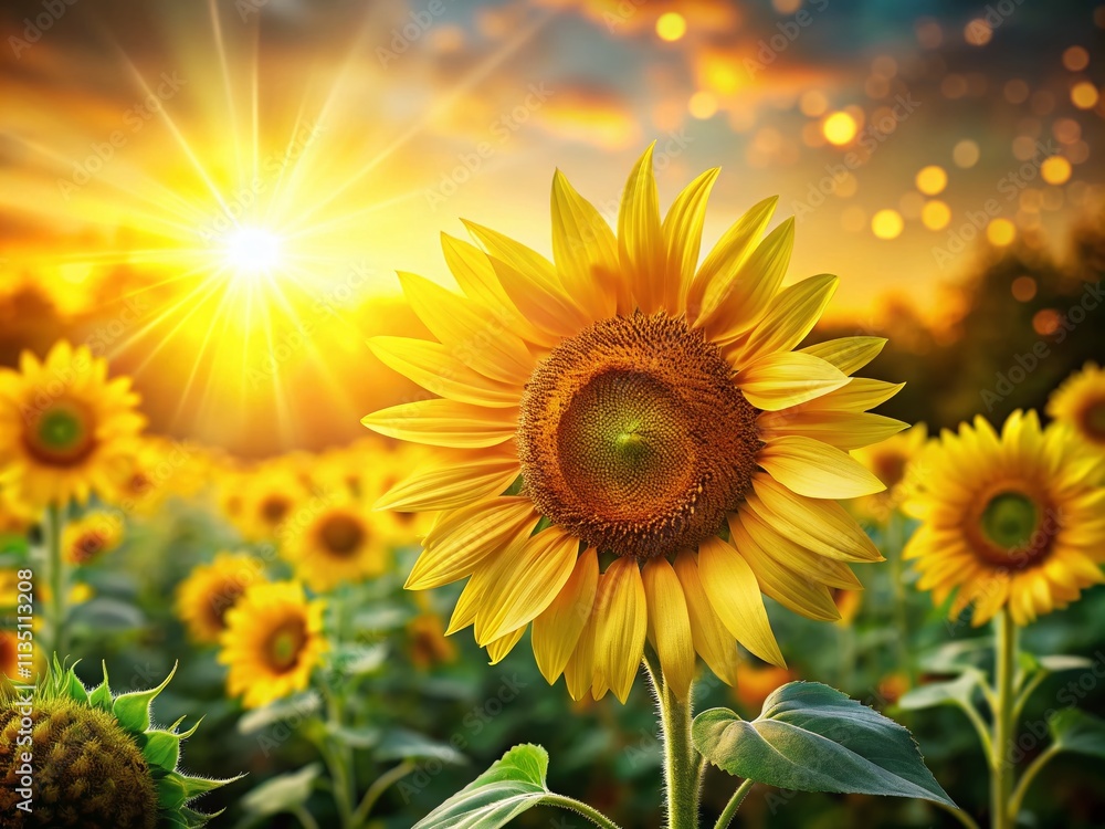 Obraz premium Radiant Sunbeams Illuminating a Vibrant Sunflower Field at Golden Hour, Capturing the Essence of Nature's Beauty and the Joy of a Warm Summer Day
