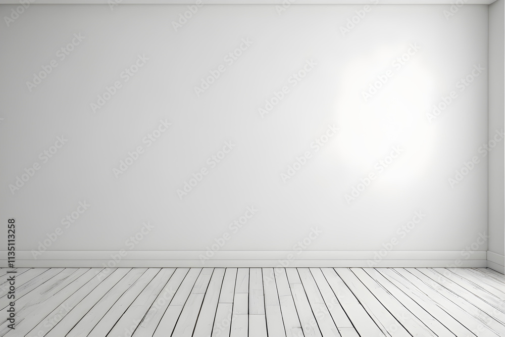 Empty white room with wooden floorboards and white walls creating a blank canvas Empty white room with wooden floorboards and white walls creating a blank canvas