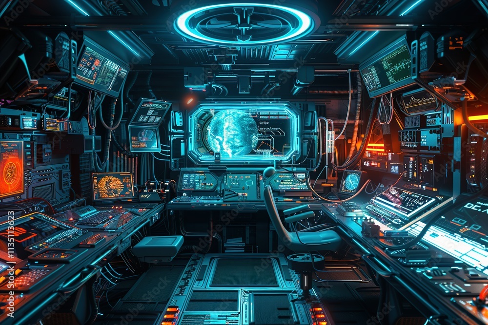 Fototapeta premium Futuristic room with a large monitor showing a planet