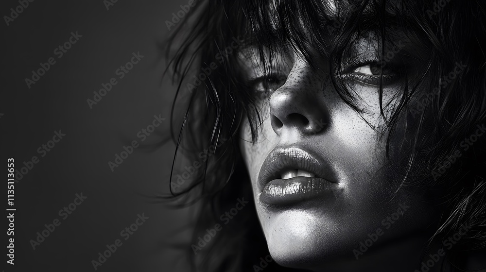 A close-up black and white portrait of a young woman A close-up black and white portrait of a young woman