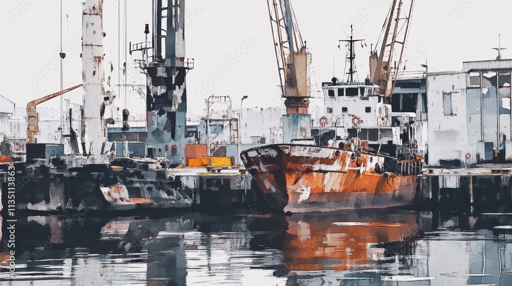 Rusty ships docked at a busy industrial port. Rusty ships docked at a busy industrial port.