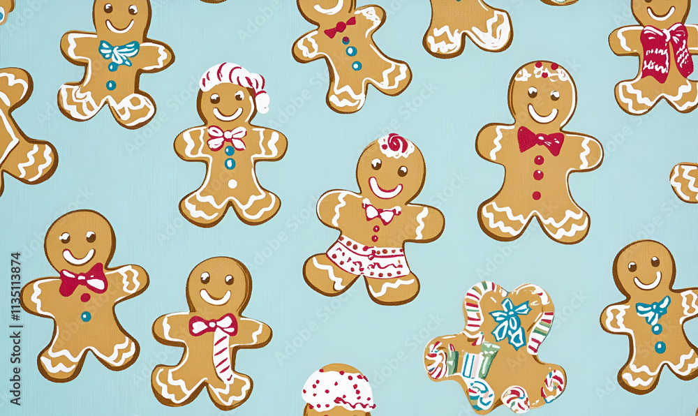 A festive arrangement of decorated gingerbread cookies on a light blue background. A festive arrangement of decorated gingerbread cookies on a light blue background.
