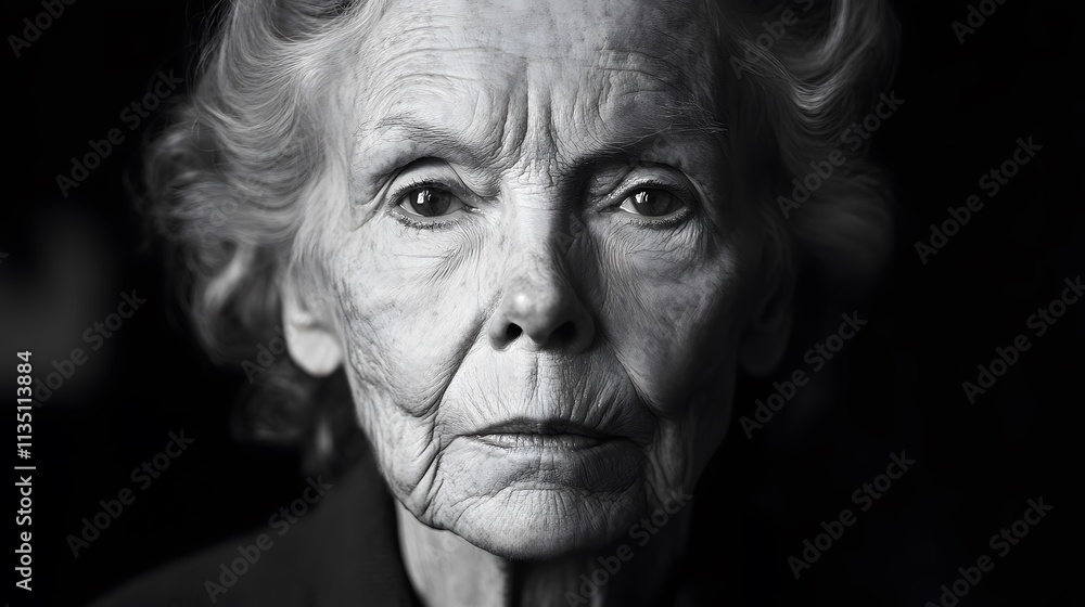 A dramatic black and white portrait of an elderly woman A dramatic black and white portrait of an elderly woman