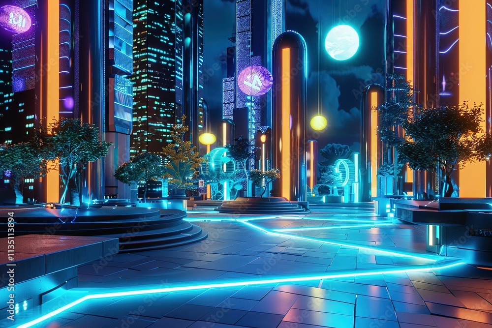 Obraz premium Futuristic cityscape with neon lights and a glowing moon