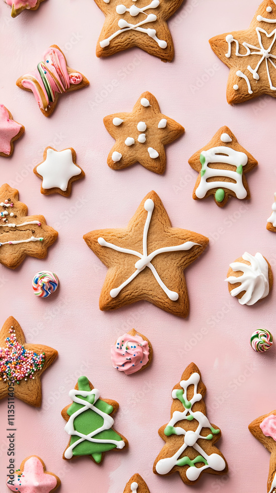A festive arrangement of decorated gingerbread cookies in various shapes on a pink background. A festive arrangement of decorated gingerbread cookies in various shapes on a pink background.