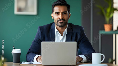 A front angle portrait of a 40yearold Indian man with fair complexion wearing a dark blue blazer and white shirt sitting on his desk in his office cabin he has a la photo