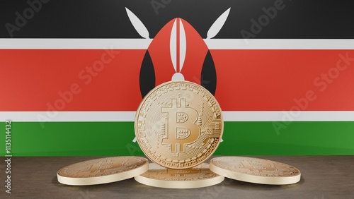 Golden bitcoin coin in front of the Kenyan flag, symbolizing cryptocurrency and digital finance in Kenya, representing blockchain innovation and financial technology in a patriotic context photo