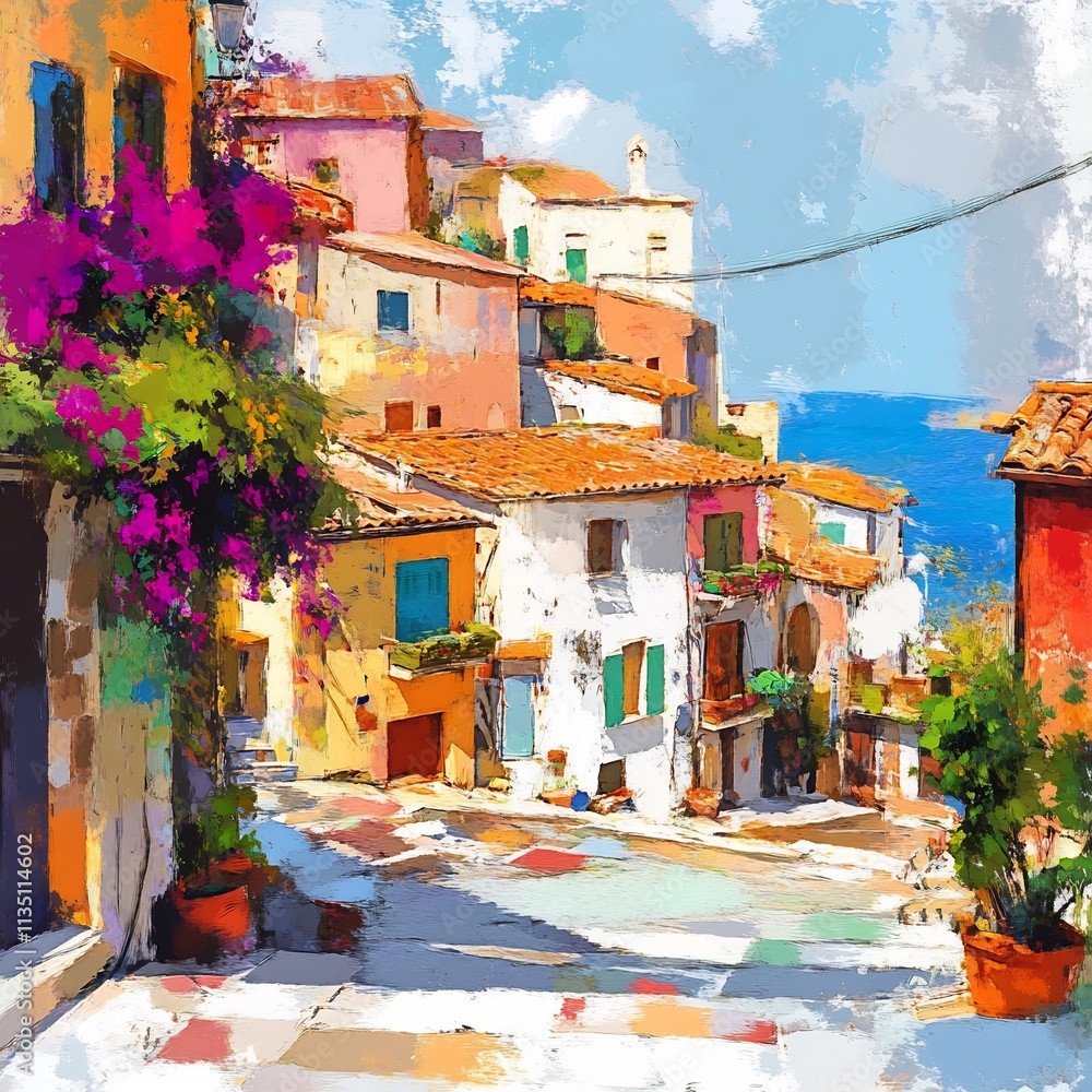 Obraz premium Vibrant Mediterranean Village Coastal Landscape in Impressionist Digital Art Style