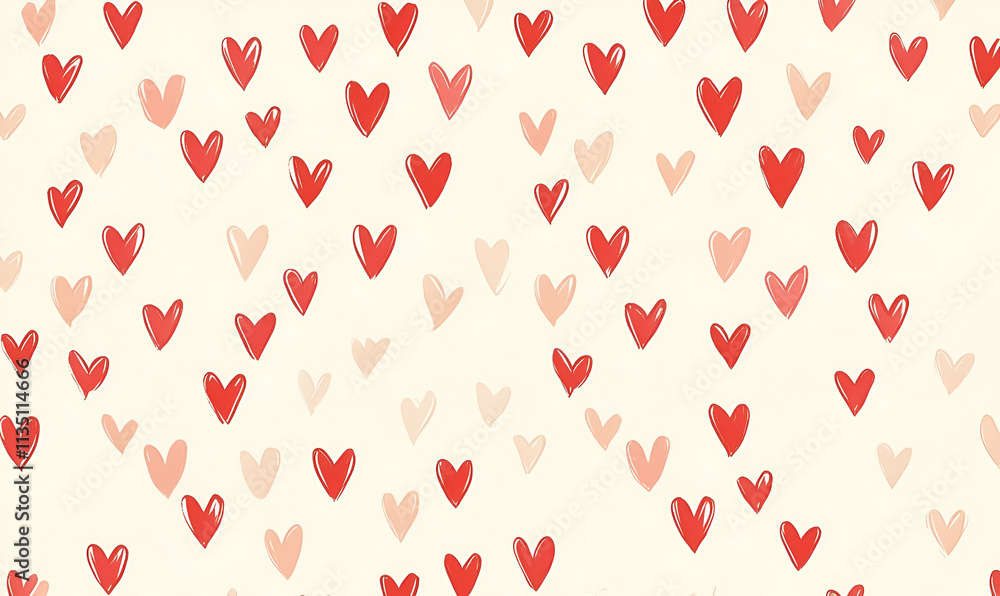 A pattern of scattered hearts in various shades of red and pink on a light background. A pattern of scattered hearts in various shades of red and pink on a light background.