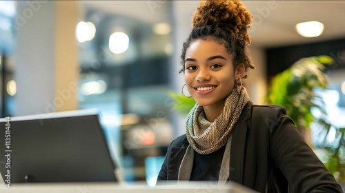 a student casualy dressed work in a bank photo