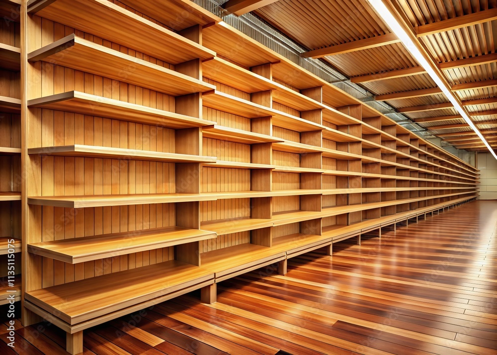Realistic Empty Wooden Store Shelves with Detailed Wood Texture for Grocery Wall Rack Display in Drone Photography Style Realistic Empty Wooden Store Shelves with Detailed Wood Texture for Grocery Wall Rack Display in Drone Photography Style