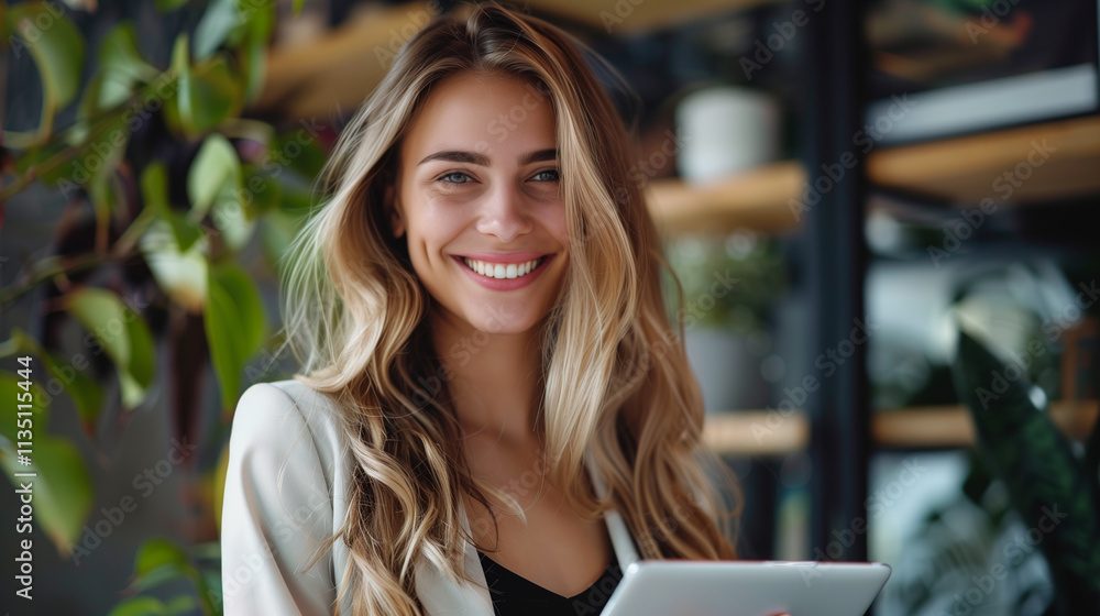 Portrait of a Happy Businesswoman Holding a Touchpad in the Office Portrait of a Happy Businesswoman Holding a Touchpad in the Office