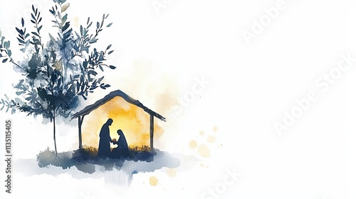 Watercolor painting representing Nativity scene in Bethlehem. Christmas scene illustration showing holy family baby Jesus in the manger Joseph and Mary. Banner copy space