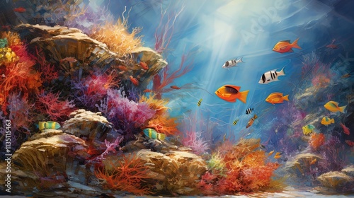 A vibrant underwater scene depicting a diverse coral reef teeming with colorful marine life. The coral formations, ranging from bright pinks to deep purples and yellows, provide a rich backdrop for an