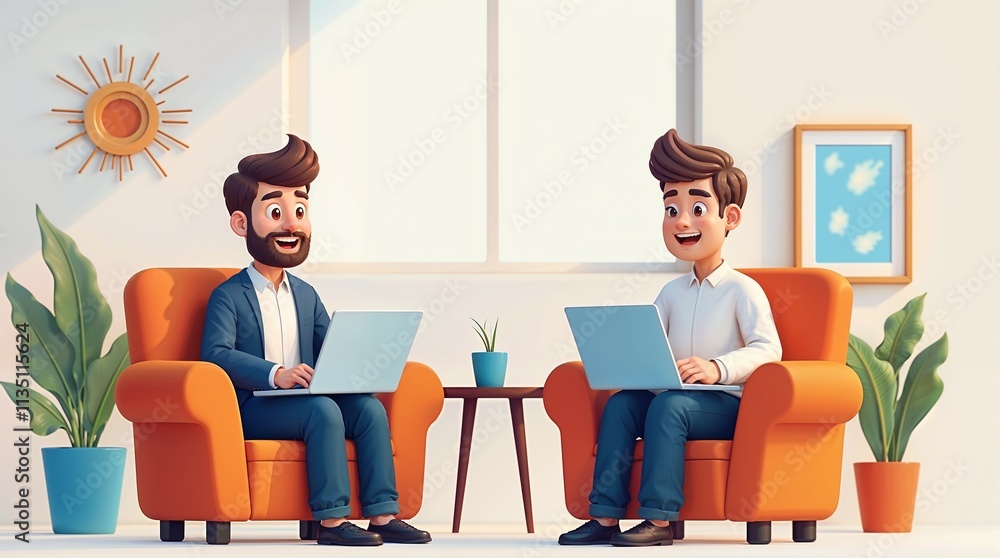 Illustration of Two happy men sitting on a sofa with laptop. 3D illustration of startup concept and business teamwork. Illustration of Two happy men sitting on a sofa with laptop. 3D illustration of startup concept and business teamwork.