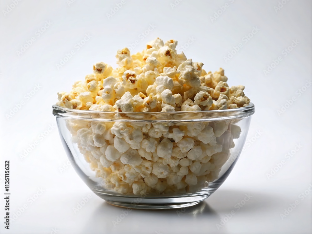 Realistic Popcorn Flakes in a Glass Bowl Isolated on White Background for Culinary and Movie Theater Themes, Perfect for Food Lovers and Snack Enthusiasts Realistic Popcorn Flakes in a Glass Bowl Isolated on White Background for Culinary and Movie Theater Themes, Perfect for Food Lovers and Snack Enthusiasts