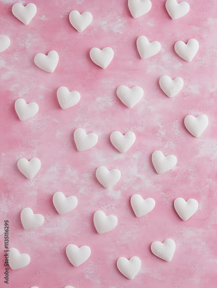 A pink background scattered with white heart-shaped decorations, evoking love and celebration. A pink background scattered with white heart-shaped decorations, evoking love and celebration.