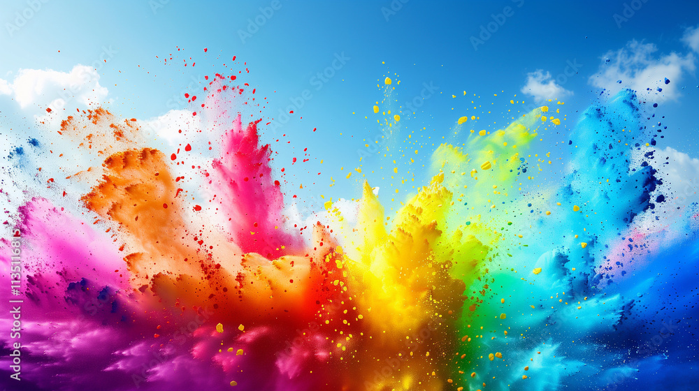 Vibrant Holi color explosion against a clear blue sky Vibrant Holi color explosion against a clear blue sky