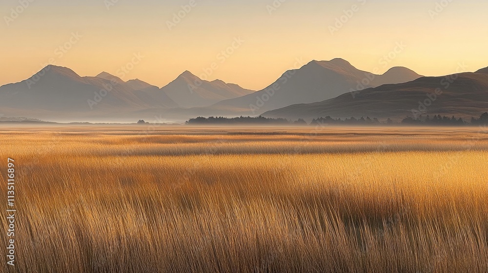 Fototapeta premium Golden Sunrise Over Misty Mountains and Grasslands