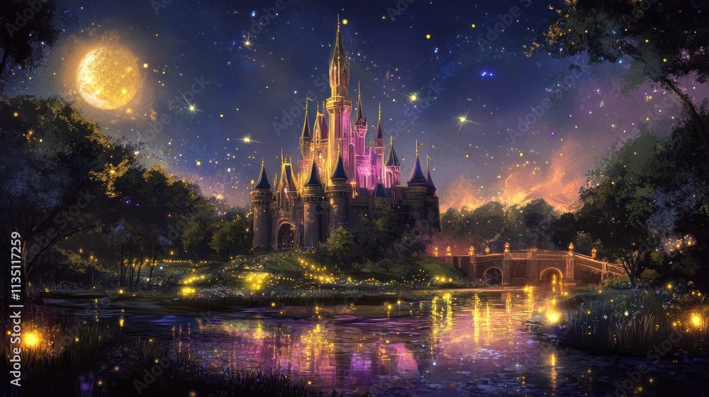 Fototapeta premium Magical castle at night, with a glowing lake and starry sky.
