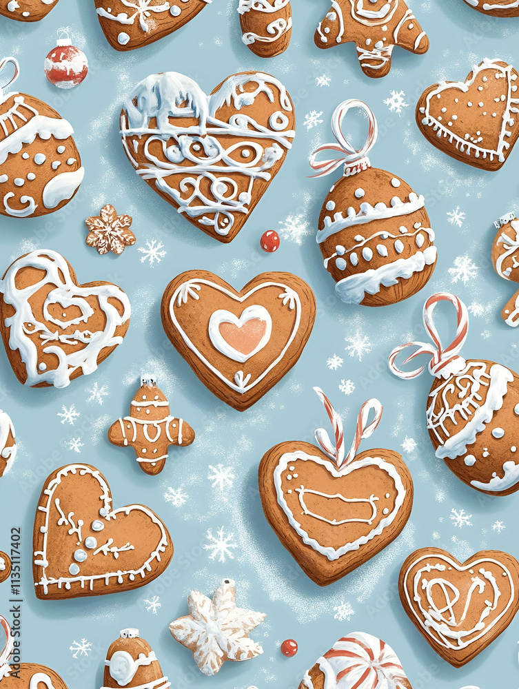 A festive arrangement of decorated gingerbread cookies on a light blue background. A festive arrangement of decorated gingerbread cookies on a light blue background.
