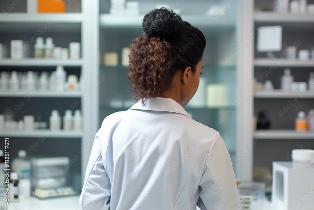 Female medical worker in a pharmaceutical laboratory, surrounded by shelves of pharmaceutical items. Female medical worker in a pharmaceutical laboratory, surrounded by shelves of pharmaceutical items.