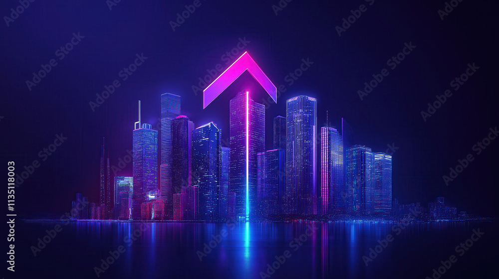 A glowing upward arrow integrated into the design of a city skyline, symbolizing the growth in urban real estate values A glowing upward arrow integrated into the design of a city skyline, symbolizing the growth in urban real estate values