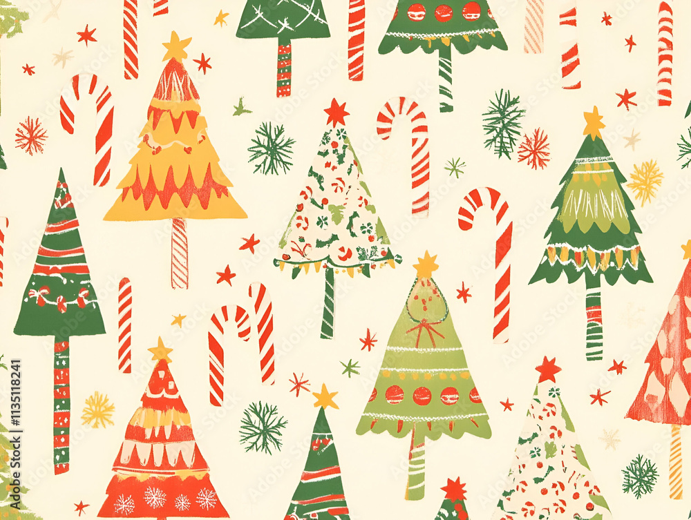 A festive pattern featuring colorful Christmas trees and candy canes on a light background. A festive pattern featuring colorful Christmas trees and candy canes on a light background.