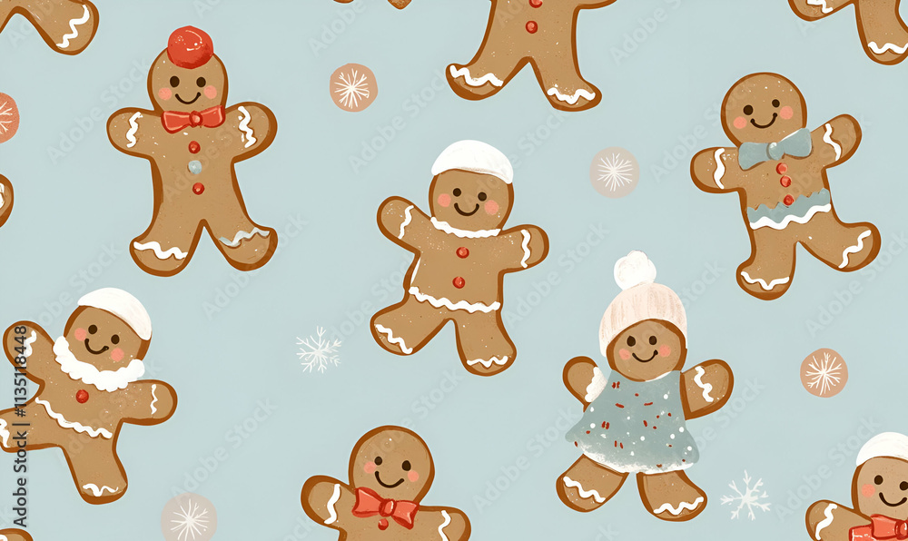 A whimsical pattern featuring cheerful gingerbread cookies in festive attire against a light blue background. A whimsical pattern featuring cheerful gingerbread cookies in festive attire against a light blue background.