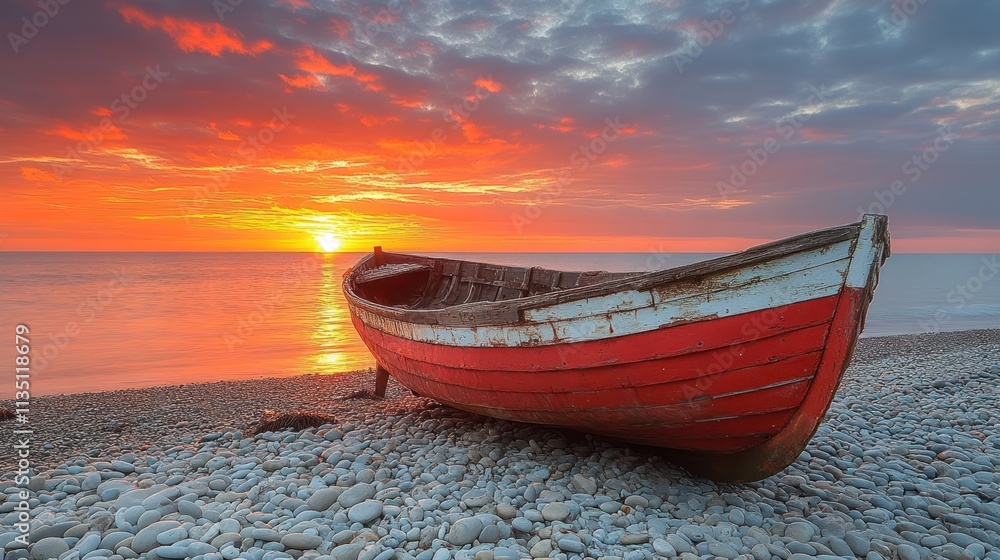 A weathered boat rests on a pebbly shore as a vibrant sunset paints the sky. A weathered boat rests on a pebbly shore as a vibrant sunset paints the sky.