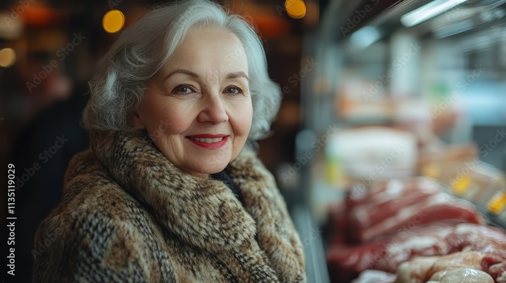 Smiling elderly woman shopping at a meat market with warm lighting and cozy attire, meat market concept
Smiling elderly woman shopping at a meat market with warm lighting and cozy attire, meat market concept