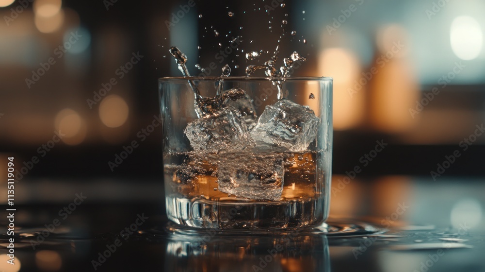Splashing whiskey with ice in a glass on a bar. Splashing whiskey with ice in a glass on a bar.