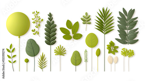 A Collection of Various Green Leaves and Plant Elements on a White Background Showcasing the Diversity of Nature in a Minimalistic and Artistic Design for Creative Projects