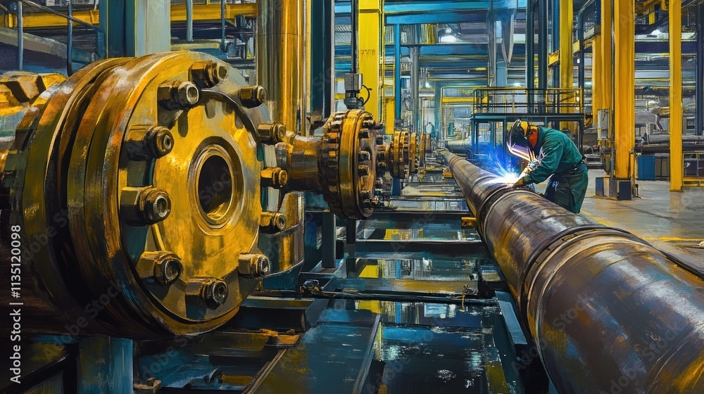 Industrial Worker Welding Large Metal Pipe Section Industrial Worker Welding Large Metal Pipe Section