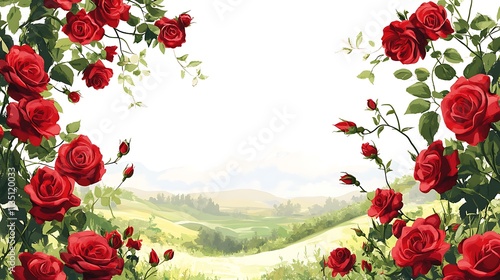 Lush red roses frame a scenic landscape view of rolling hills and mountains.