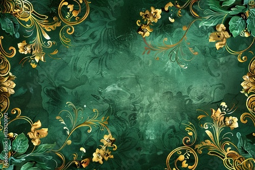Green background with gold flowers and leaves