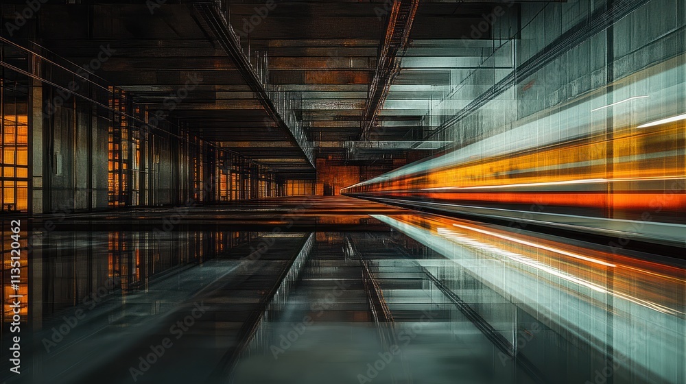Obraz premium An intriguing photograph of a high-speed train captured in motion, featuring a motion blur effect, reflective surfaces, a sense of speed, and a cinematic quality. Generative AI