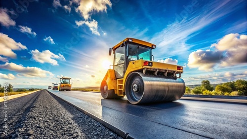 Road Construction Scene with Roller Compacting Fresh Asphalt on a New Roadway, Showcasing Machinery and Urban Development in Progress for Infrastructure Improvement photo