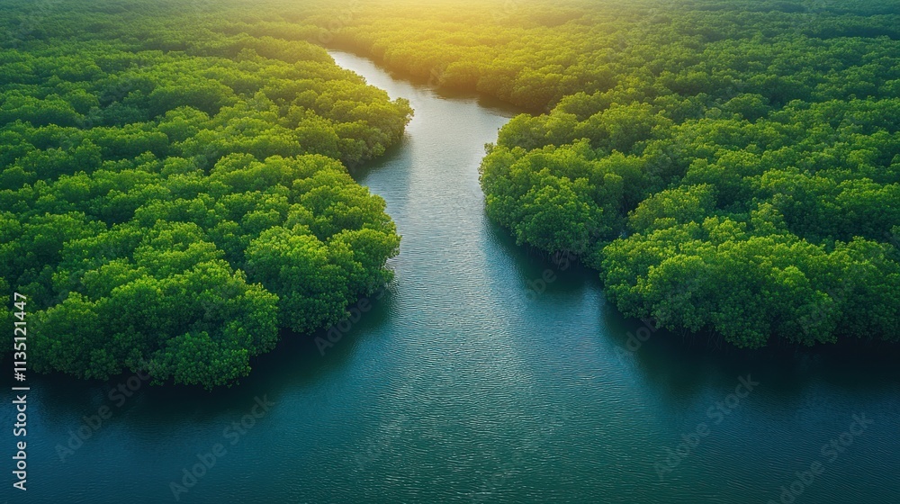 Aerial View of Lush Mangrove Forest and Serene Waterway Aerial View of Lush Mangrove Forest and Serene Waterway