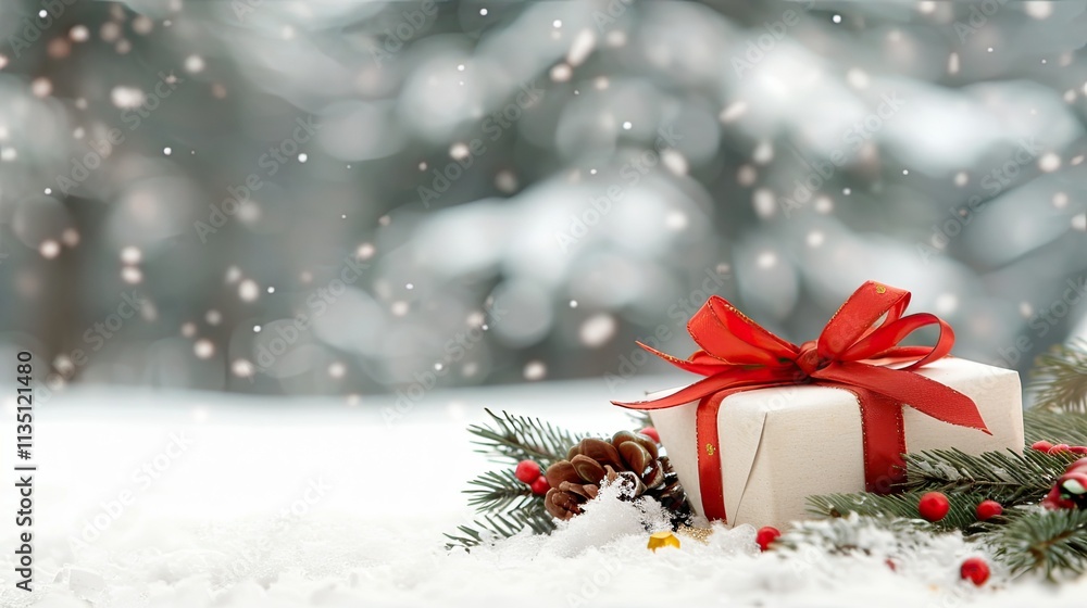 Christmas Gift Box with Red Ribbon Surrounded by Snow, Pine Branches, Berries, and Pine Cones in a Winter Wonderland Setting Christmas Gift Box with Red Ribbon Surrounded by Snow, Pine Branches, Berries, and Pine Cones in a Winter Wonderland Setting
