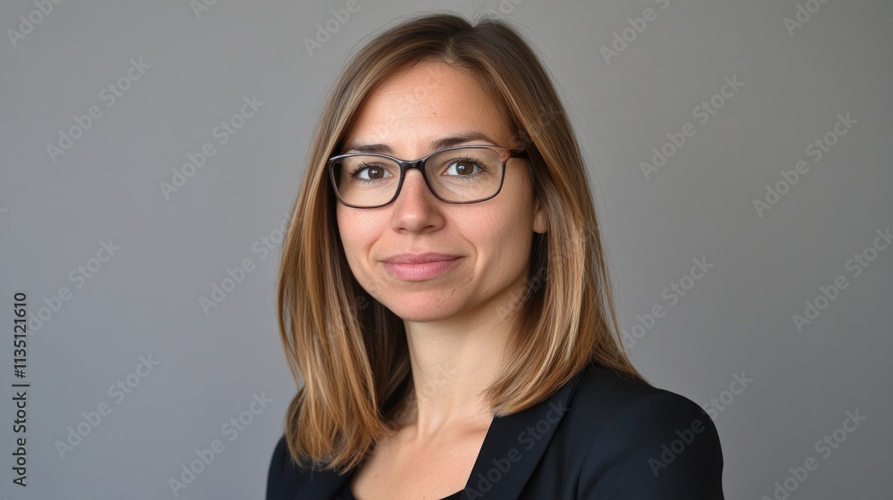 Portrait of a woman wearing glasses and a blazer.