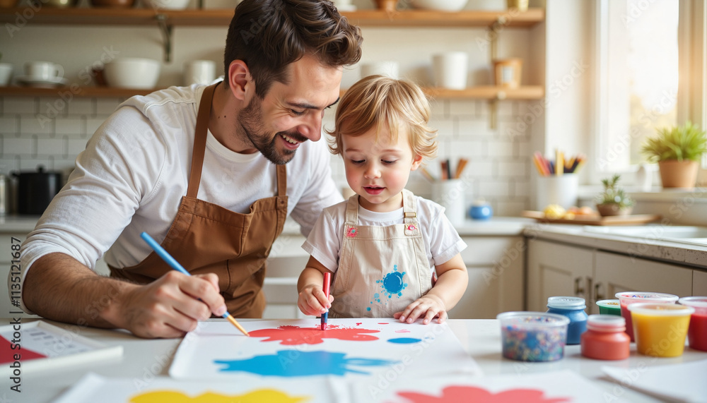 Fototapeta premium Father and child enjoy a colorful painting activity in a bright, airy kitchen filled with creativity and laughter