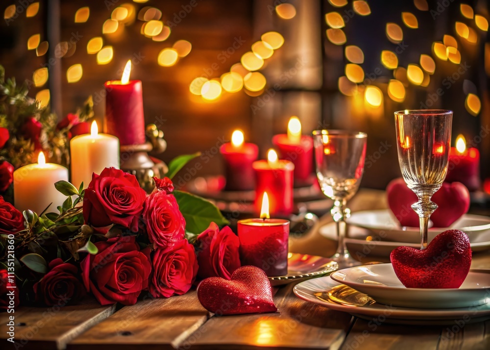 Romantic Low Light Photography of a Valentine's Day Meal Set on a Candlelit Table with Elegant Tableware, Red Roses, and Heart-Shaped Decorations for a Cozy Atmosphere Romantic Low Light Photography of a Valentine's Day Meal Set on a Candlelit Table with Elegant Tableware, Red Roses, and Heart-Shaped Decorations for a Cozy Atmosphere